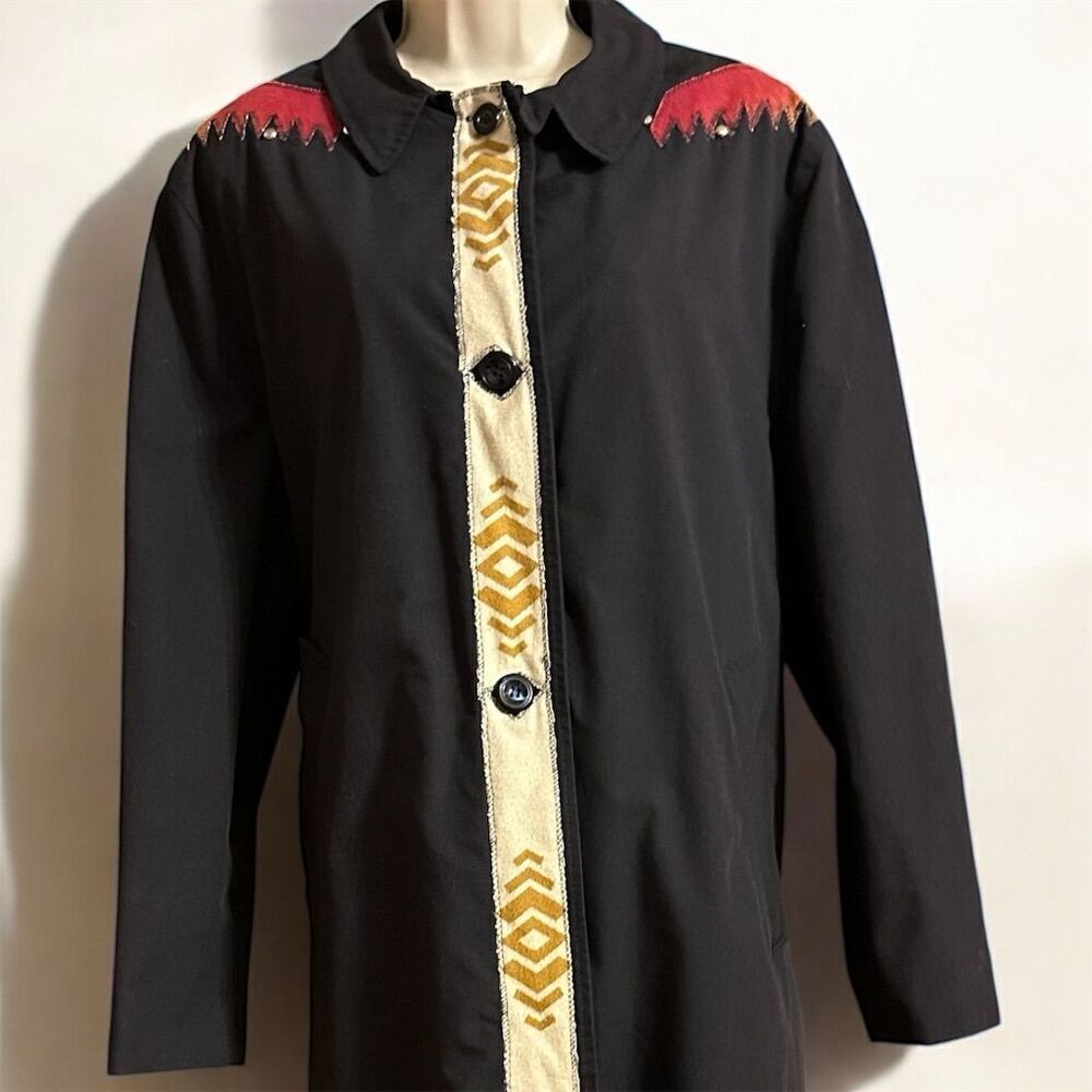 Vintage Campus Permanent Press Black Unisex Southwestern Embellished Trench Coat - Picture 7 of 16